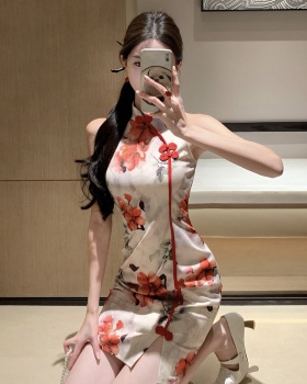 Printing pinched waist split cheongsam slim summer dress
