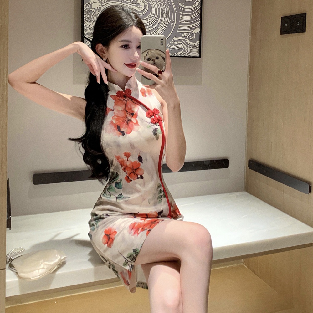 Printing pinched waist split cheongsam slim summer dress