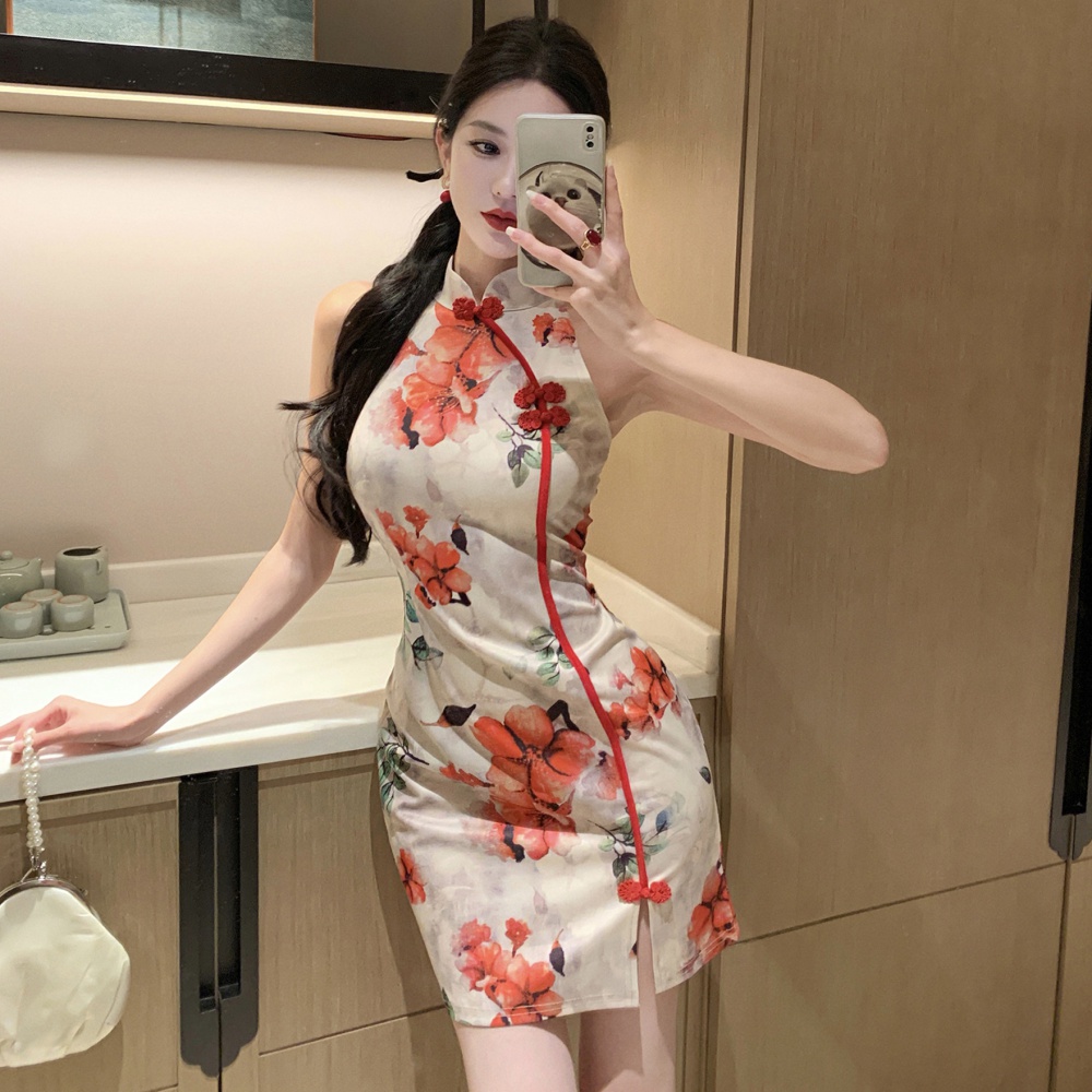 Printing pinched waist split cheongsam slim summer dress