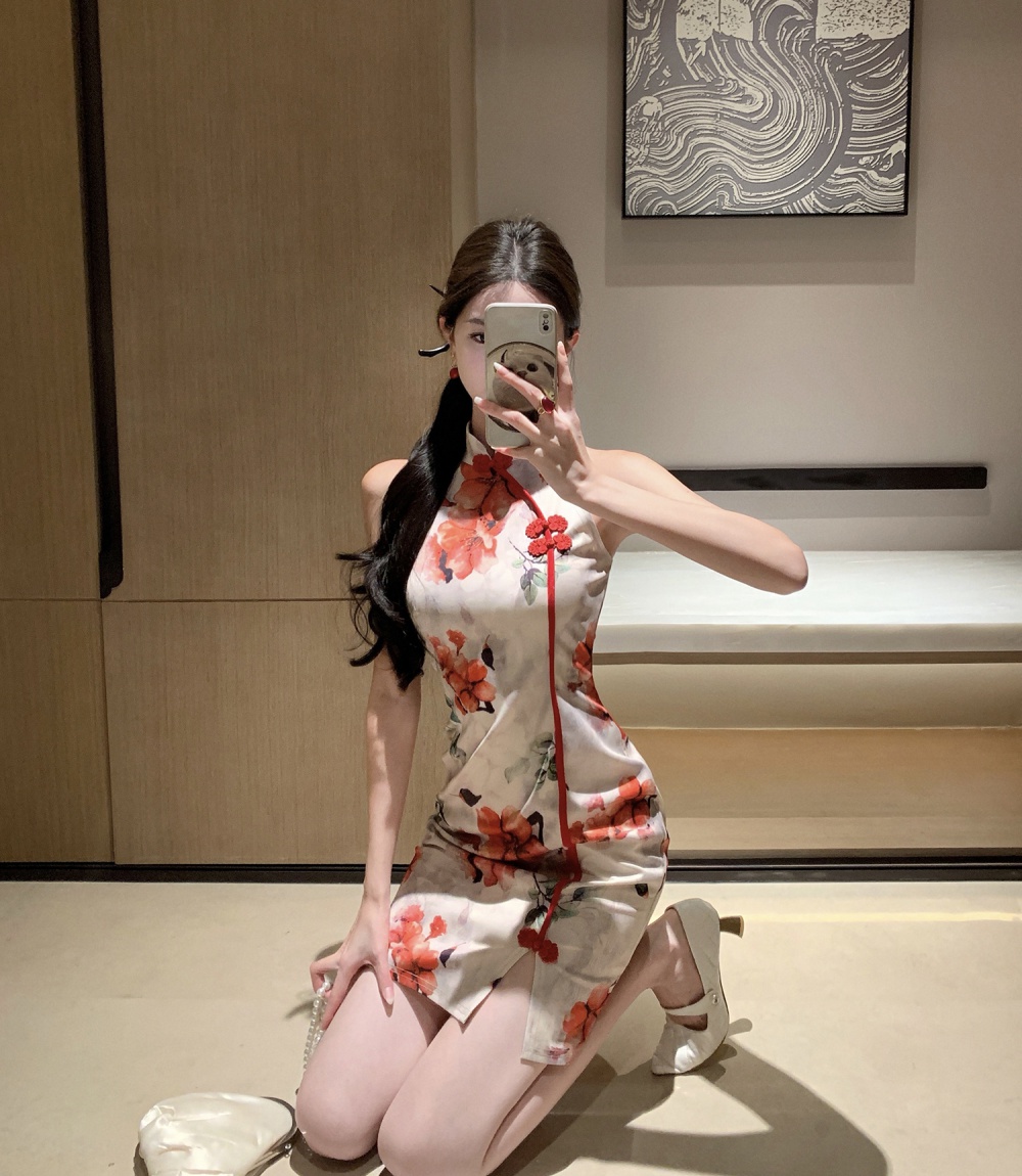 Printing pinched waist split cheongsam slim summer dress