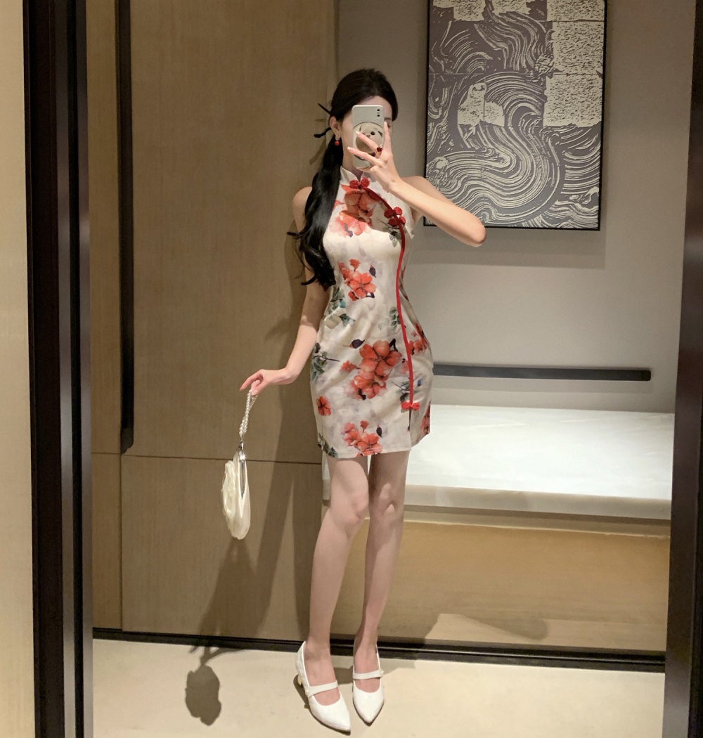 Printing pinched waist split cheongsam slim summer dress