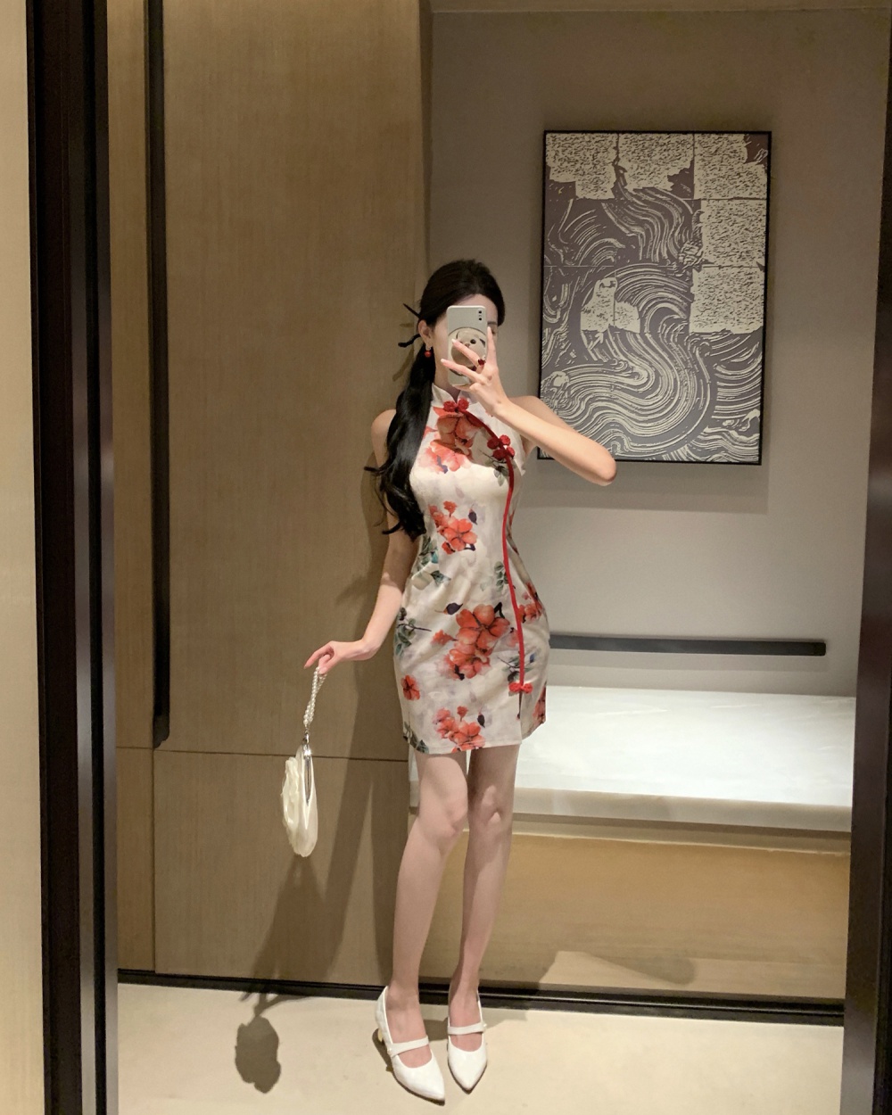 Printing pinched waist split cheongsam slim summer dress