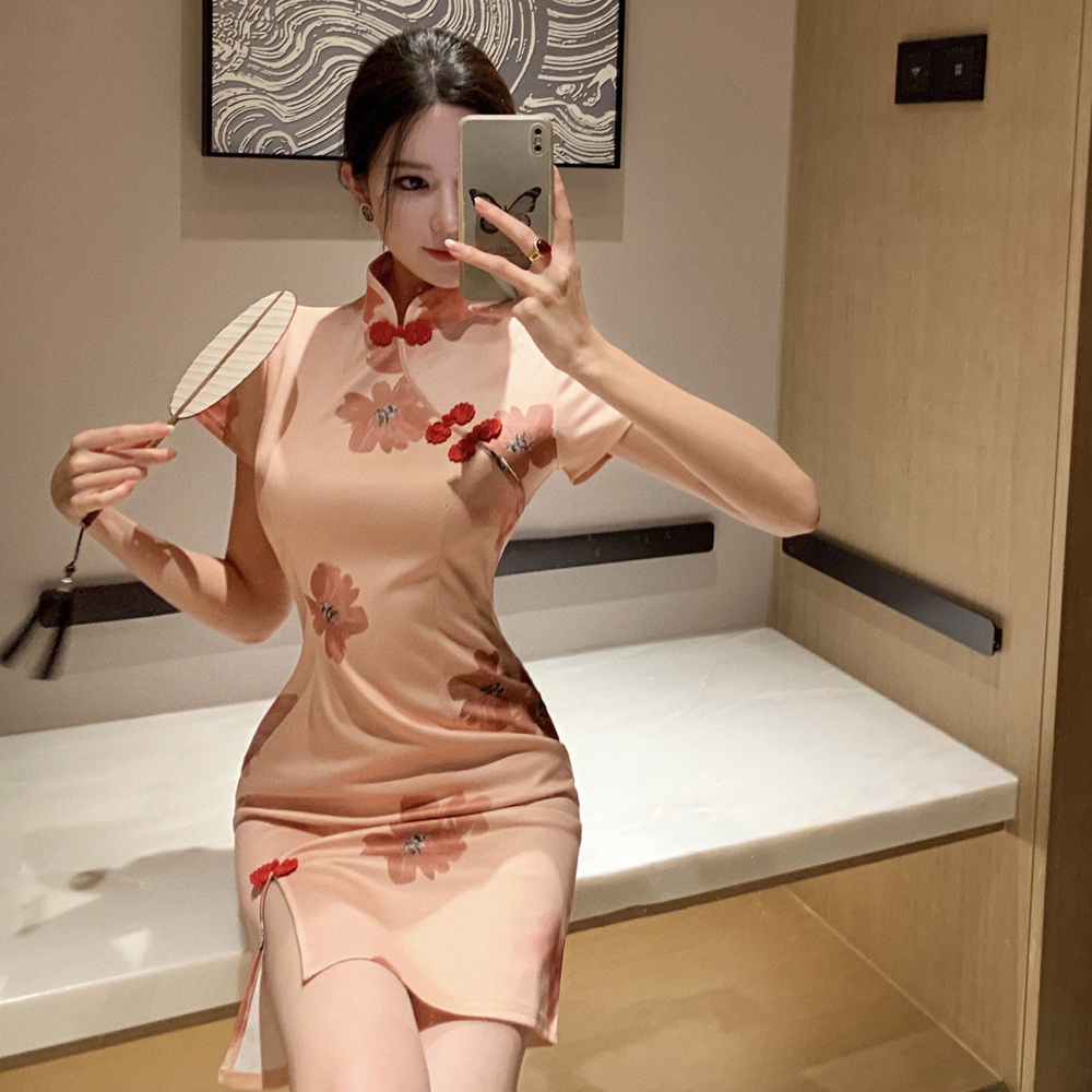 Split light cheongsam maiden short sleeve dress