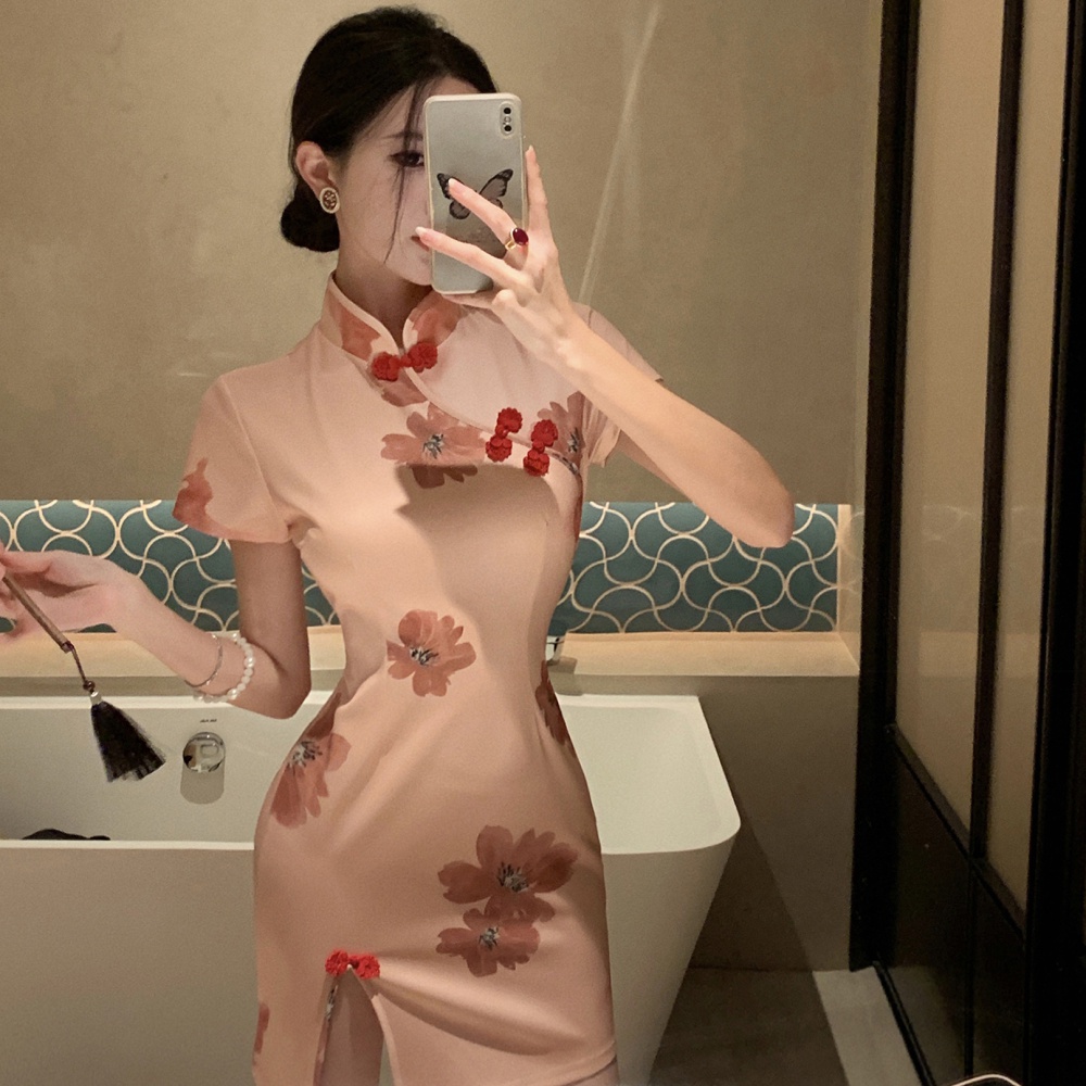 Split light cheongsam maiden short sleeve dress