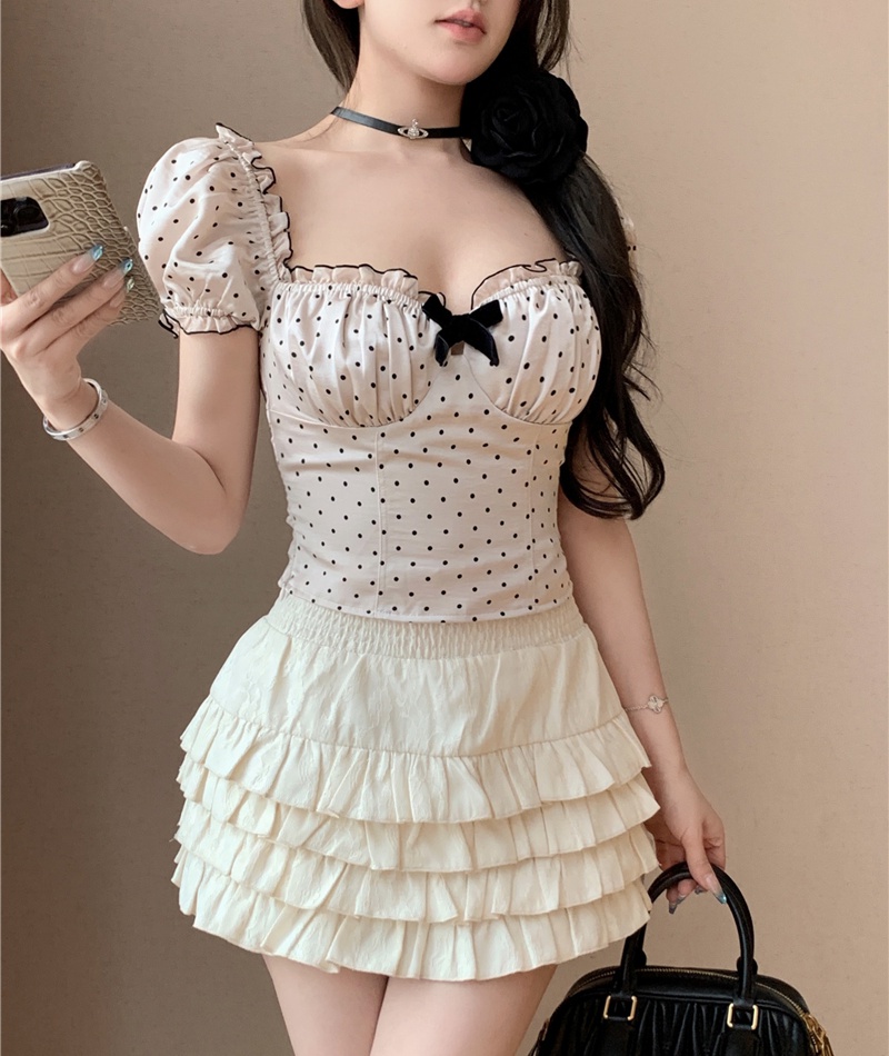 Wood ear puff sleeve bow sweet tops for women