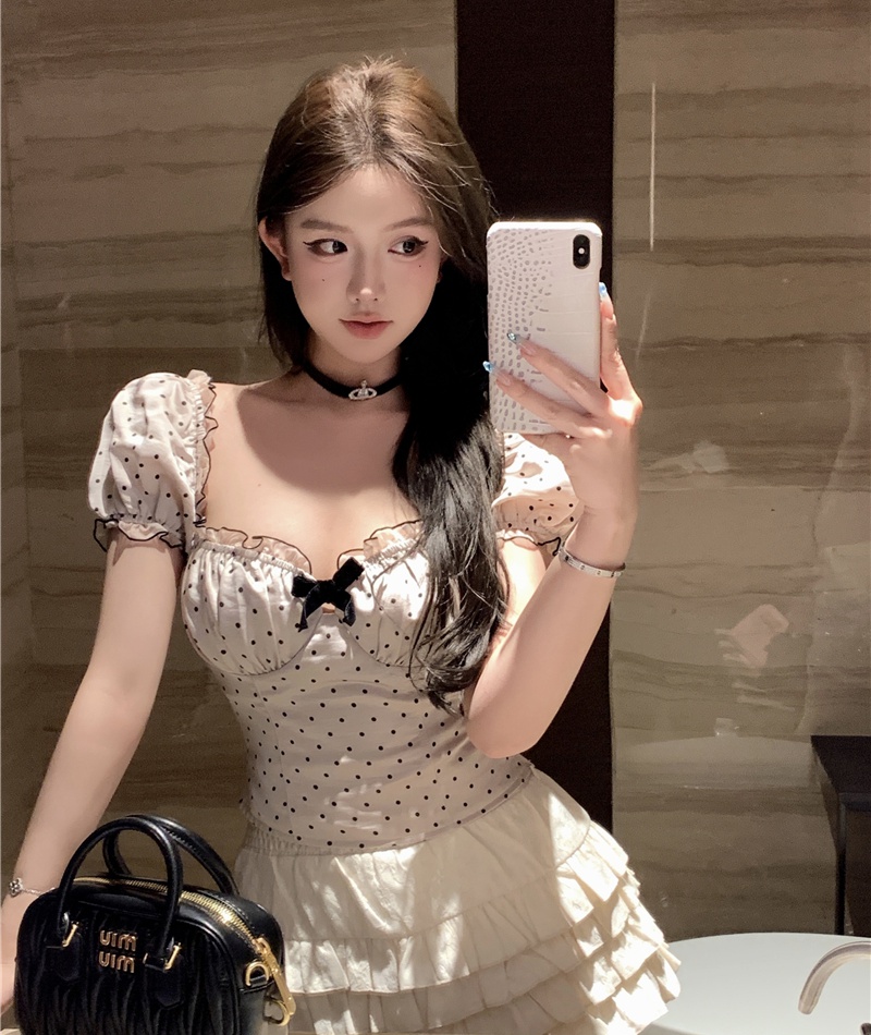 Wood ear puff sleeve bow sweet tops for women