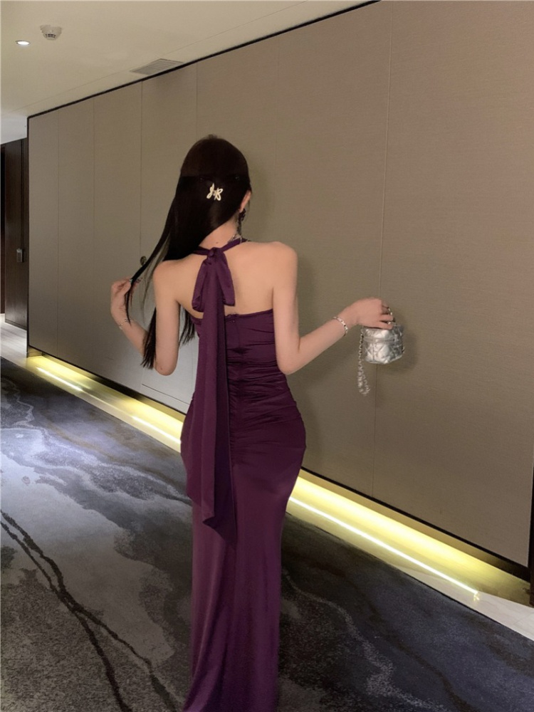 Split sling slim long dress halter purple dress