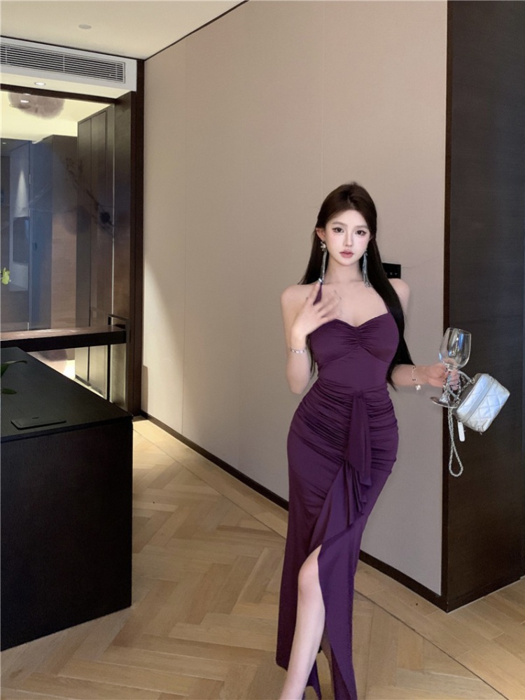 Split sling slim long dress halter purple dress