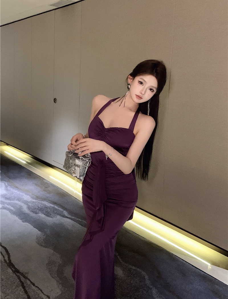 Split sling slim long dress halter purple dress