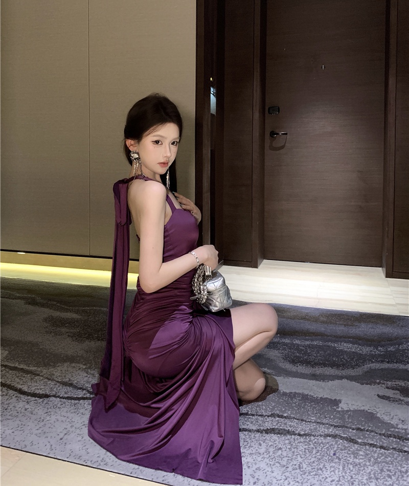 Split sling slim long dress halter purple dress