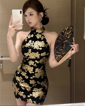 Spicegirl halter gold slim Chinese style dress for women