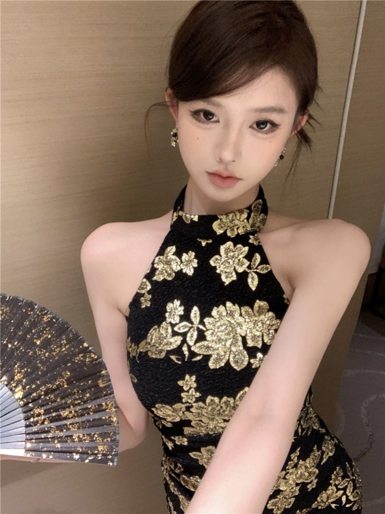 Spicegirl halter gold slim Chinese style dress for women