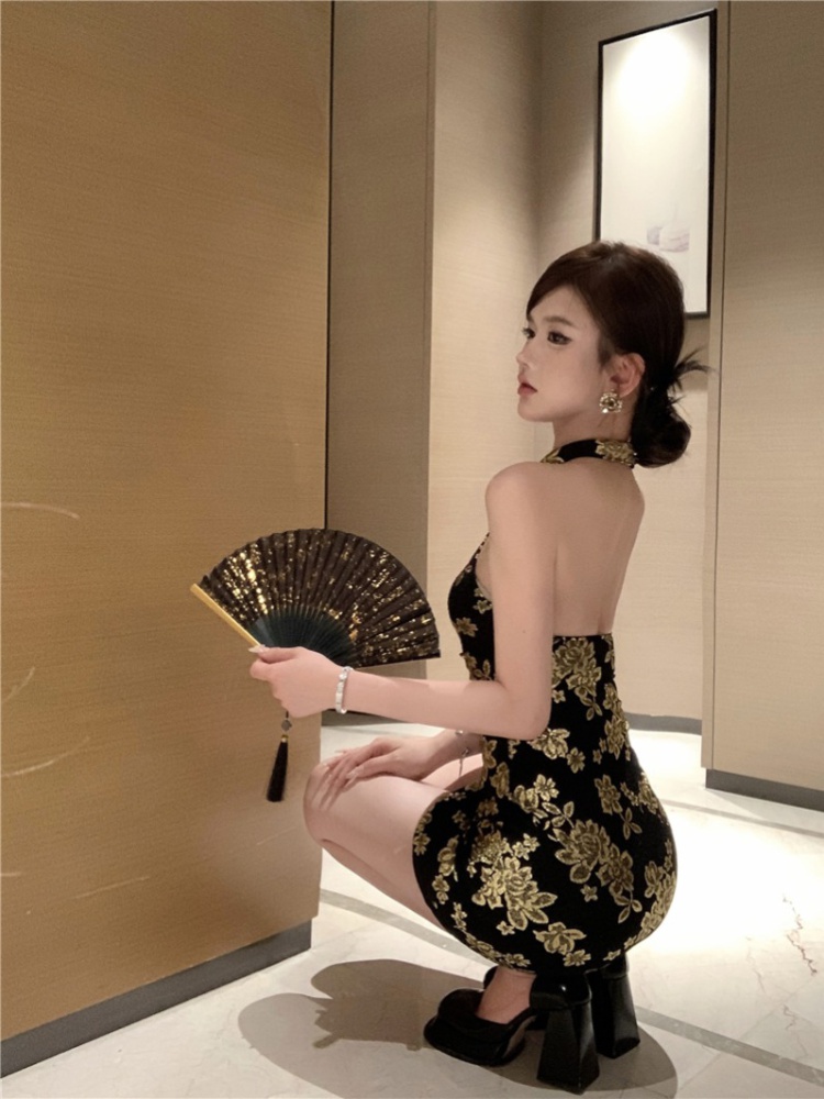 Spicegirl halter gold slim Chinese style dress for women