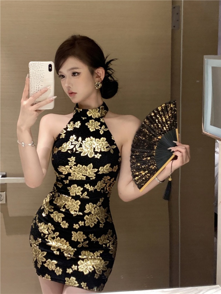 Spicegirl halter gold slim Chinese style dress for women