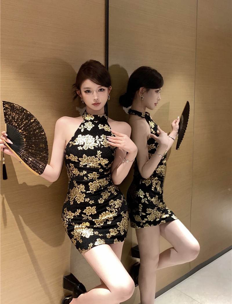 Spicegirl halter gold slim Chinese style dress for women