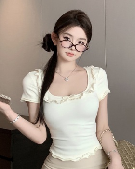 Show young high waist slim tops square collar pure T-shirt
