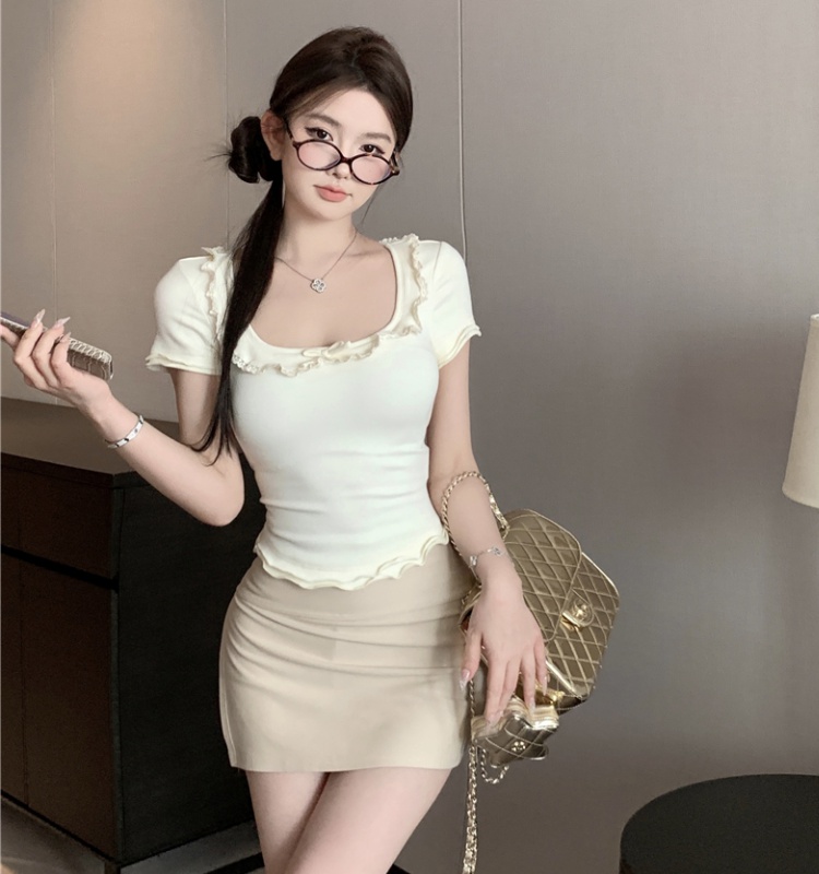 Show young high waist slim tops square collar pure T-shirt