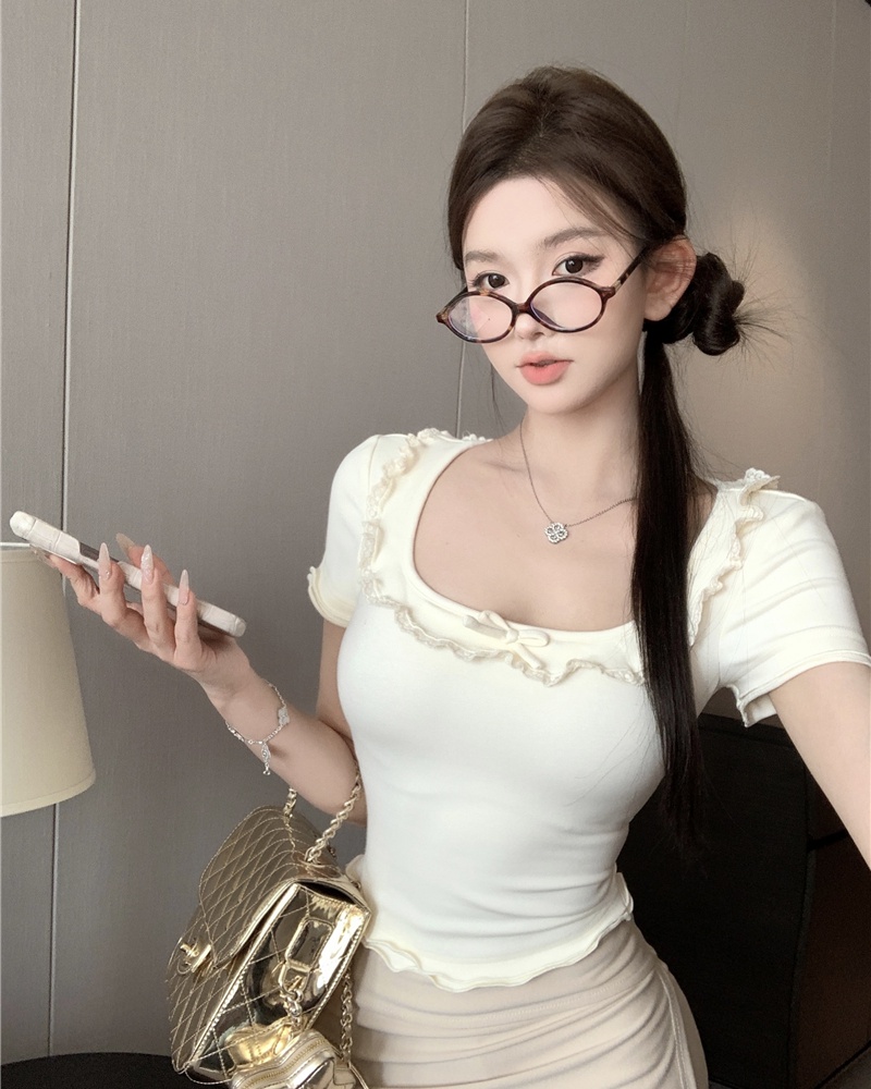 Show young high waist slim tops square collar pure T-shirt