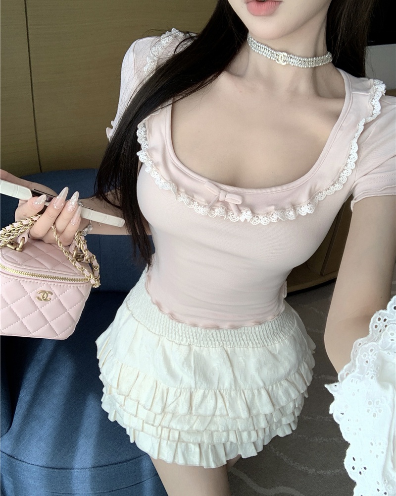 Show young high waist slim tops square collar pure T-shirt