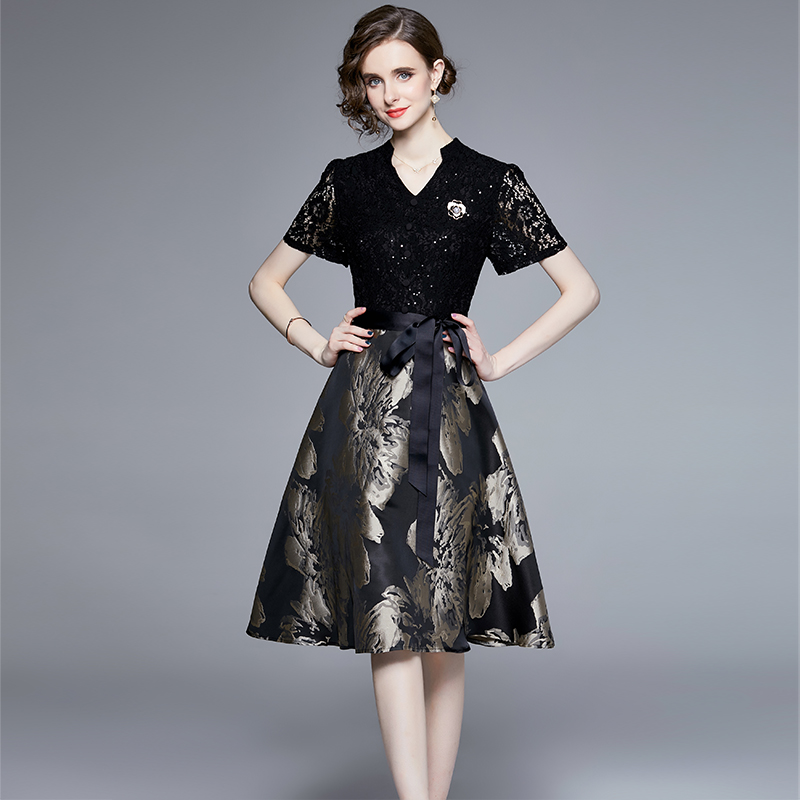 Jacquard pinched waist splice slim dress