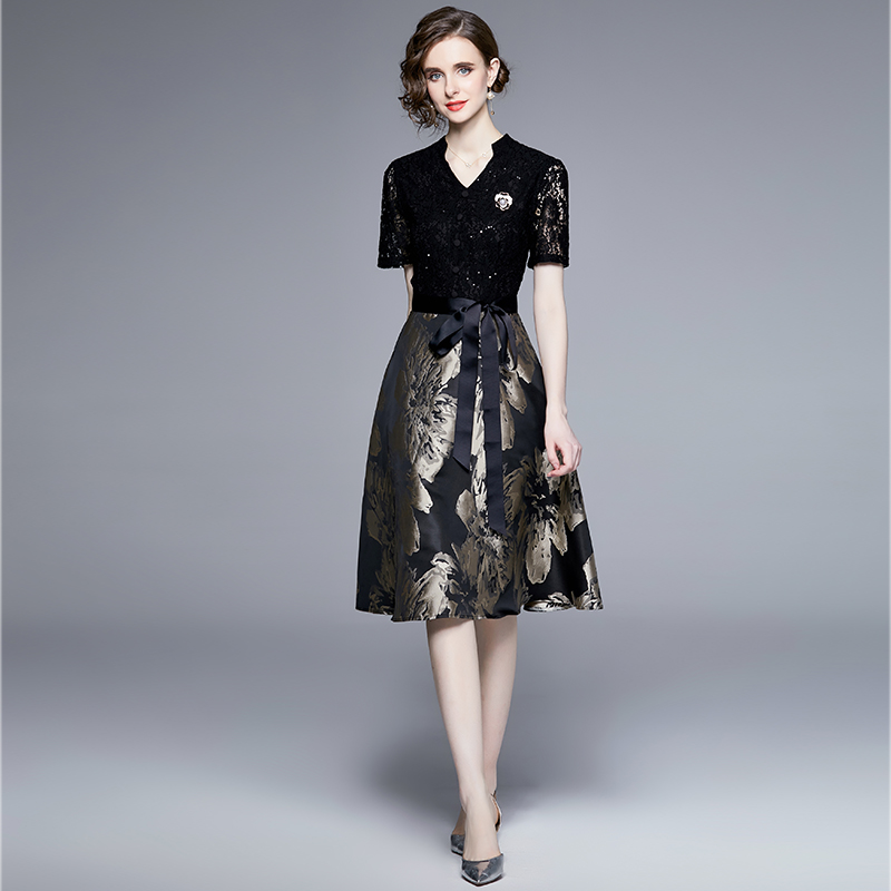 Jacquard pinched waist splice slim dress