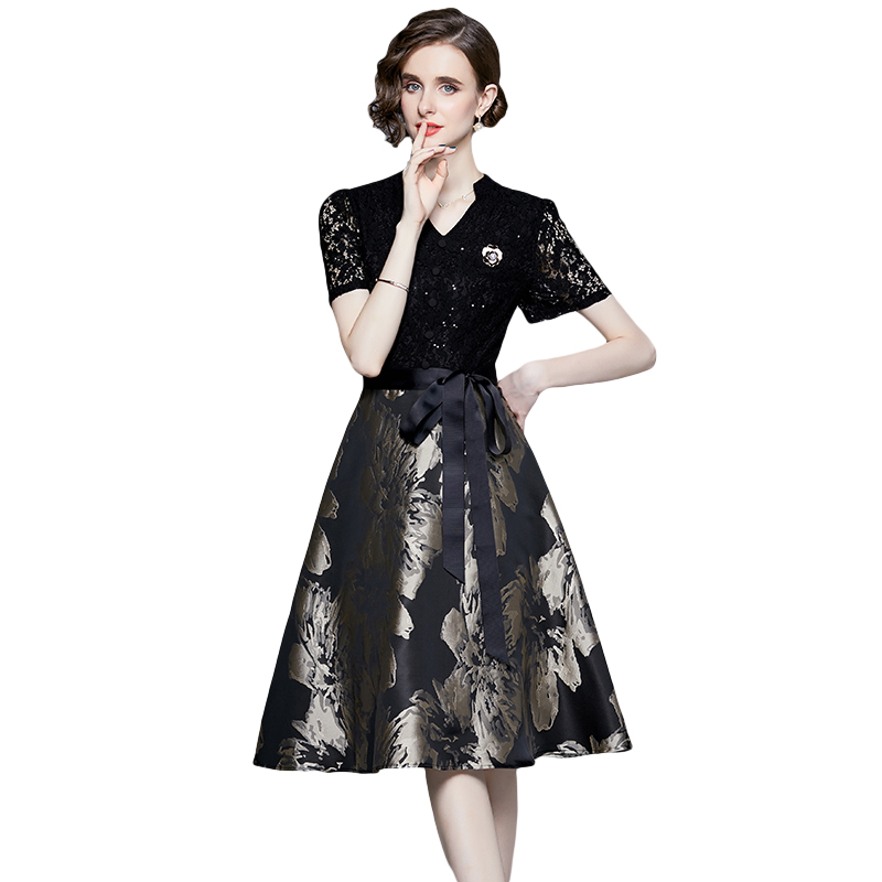 Jacquard pinched waist splice slim dress