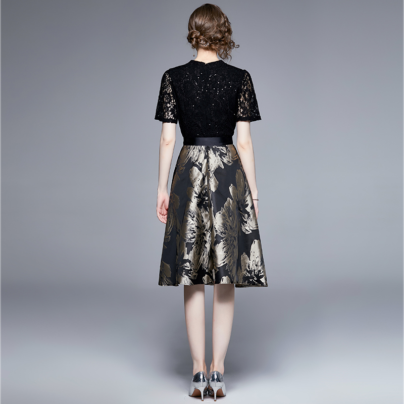 Jacquard pinched waist splice slim dress