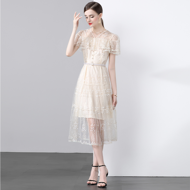 Lotus leaf edges V-neck dress chanelstyle pearl belt