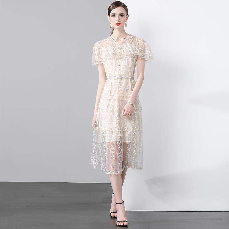 Lotus leaf edges V-neck dress chanelstyle pearl belt