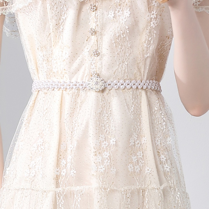 Lotus leaf edges V-neck dress chanelstyle pearl belt