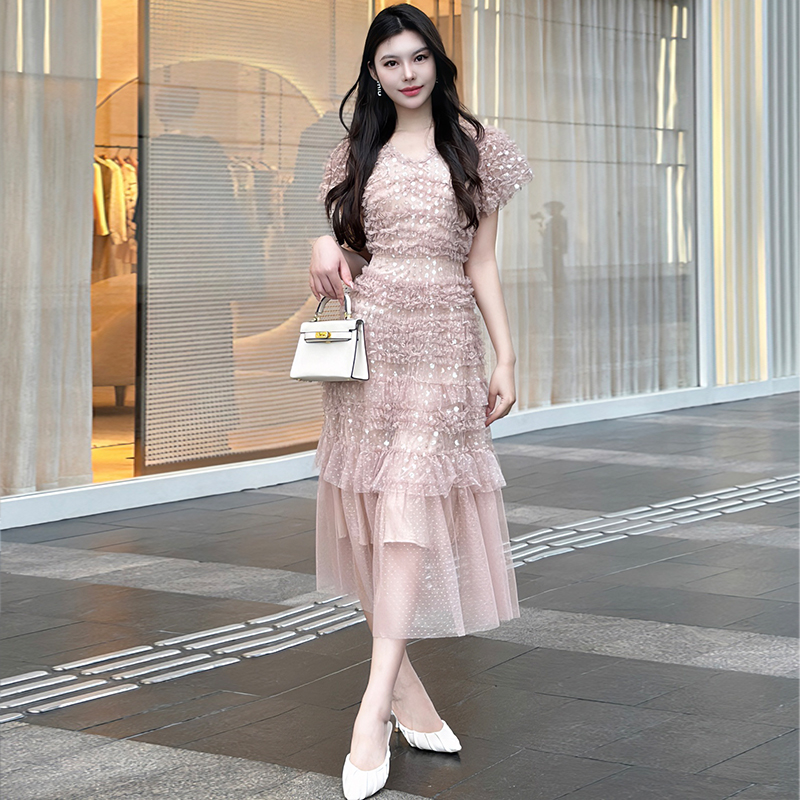 Sequins light luxury big skirt retro wood ear V-neck dress