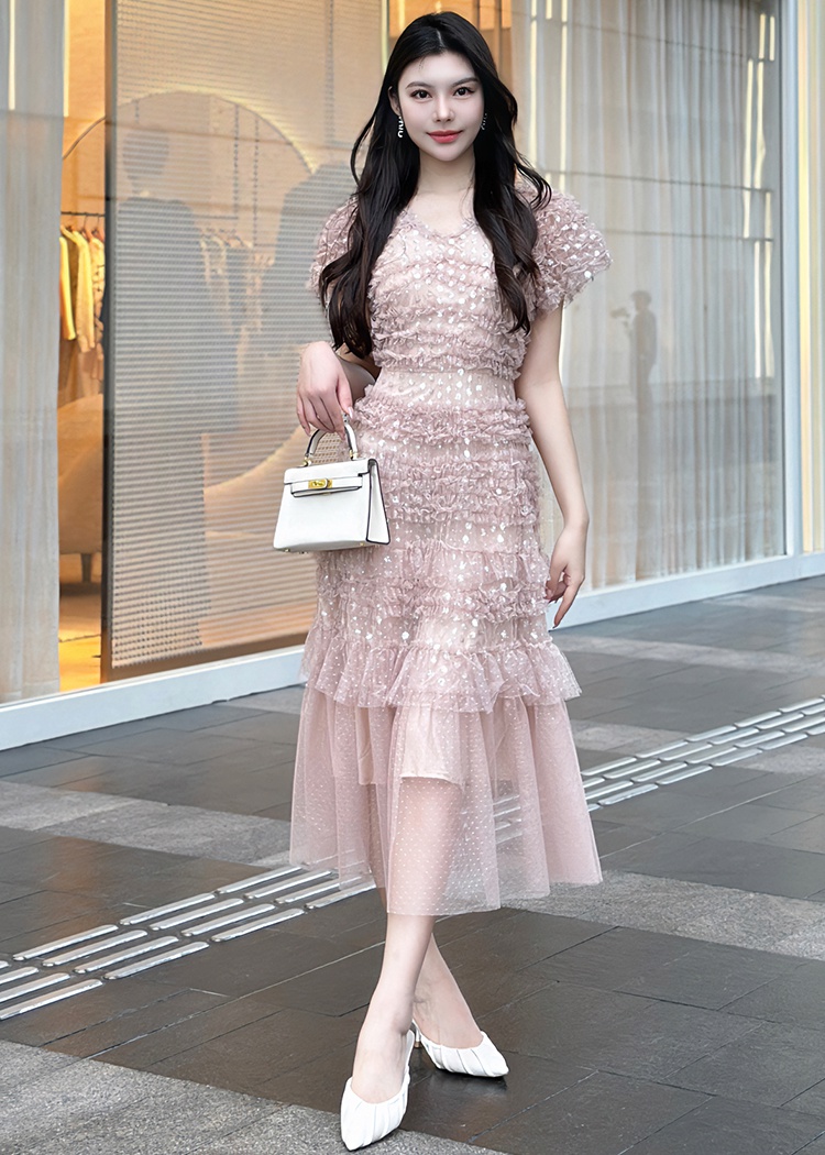 Sequins light luxury big skirt retro wood ear V-neck dress