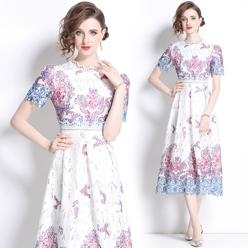 Fashion slim light luxury hollow lace printing long dress