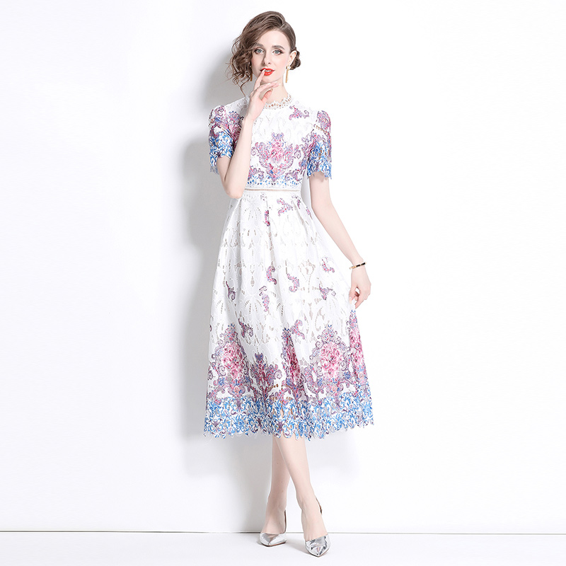 Fashion slim light luxury hollow lace printing long dress