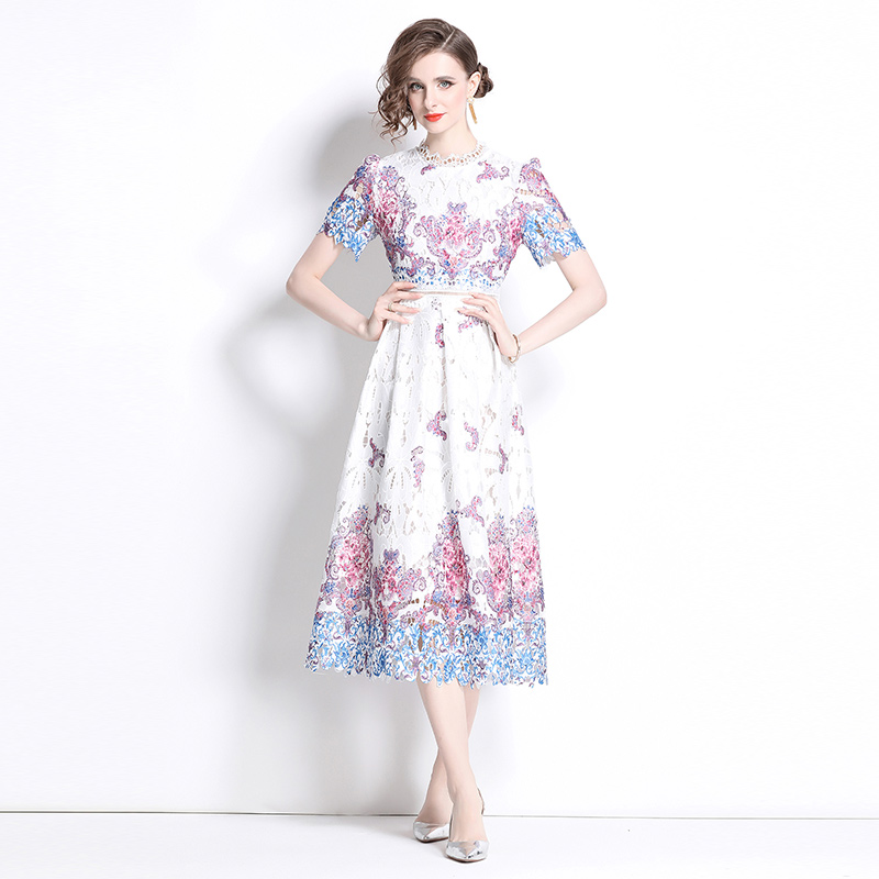 Fashion slim light luxury hollow lace printing long dress