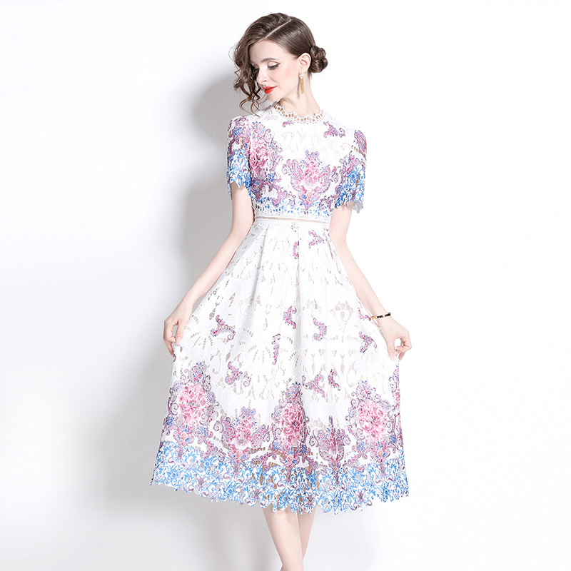 Fashion slim light luxury hollow lace printing long dress