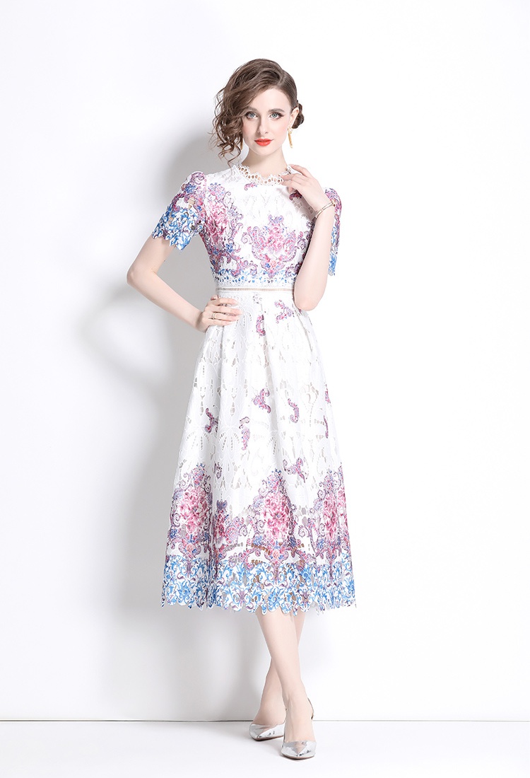 Fashion slim light luxury hollow lace printing long dress