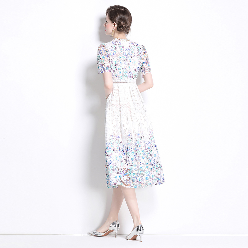 Hollow slim printing fashion long lace dress