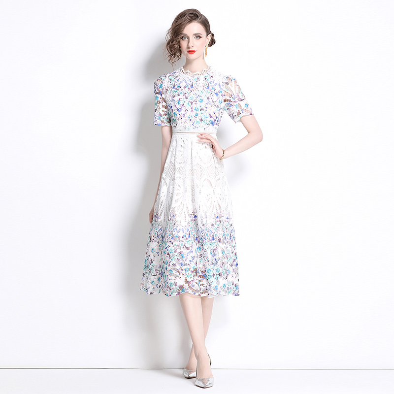 Hollow slim printing fashion long lace dress