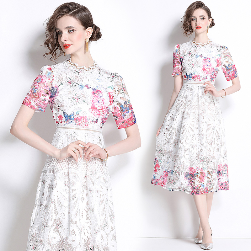 Fashion hollow slim long light luxury printing lace dress