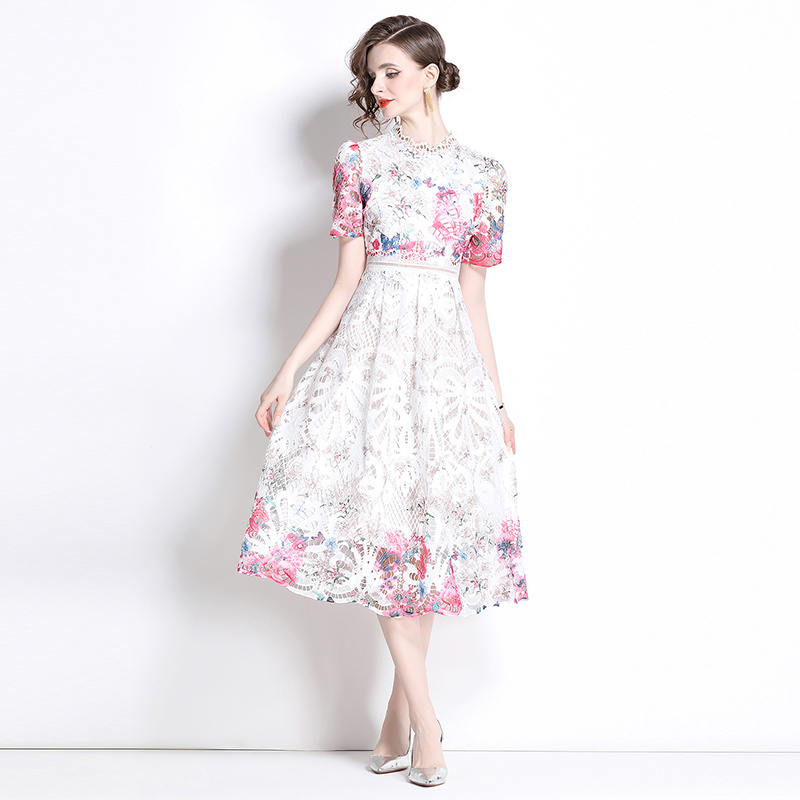 Fashion hollow slim long light luxury printing lace dress