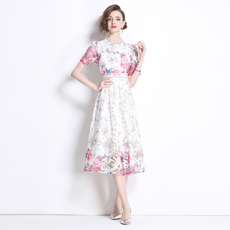 Fashion hollow slim long light luxury printing lace dress