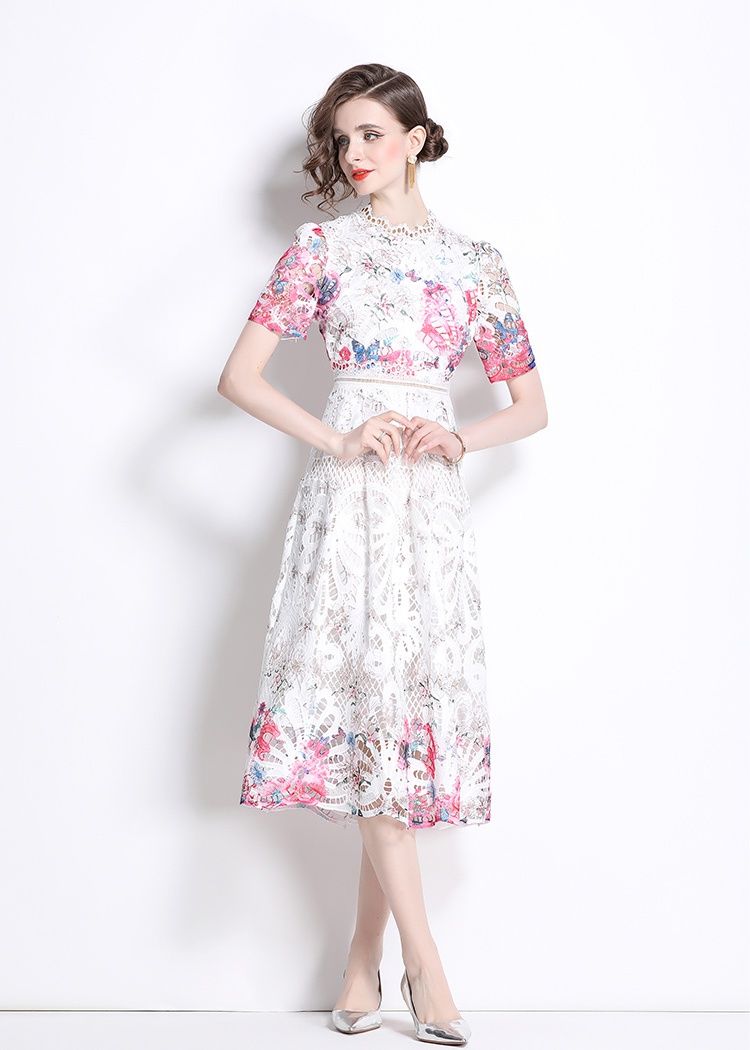 Fashion hollow slim long light luxury printing lace dress