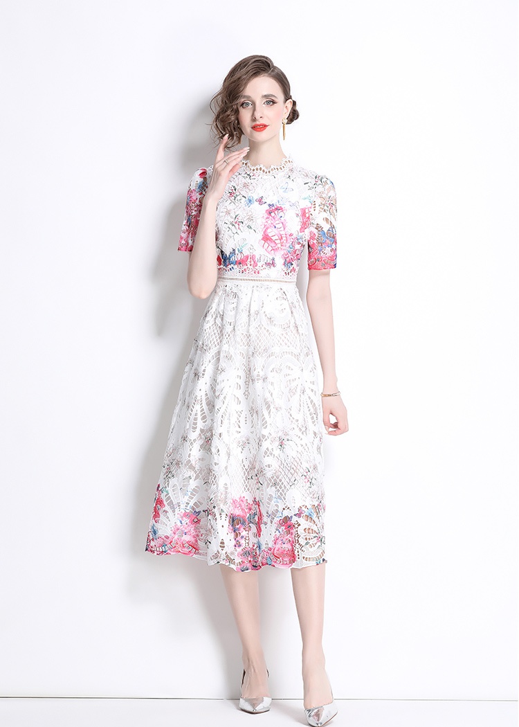 Fashion hollow slim long light luxury printing lace dress