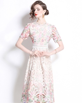 Lace hollow light luxury fashion printing slim long dress
