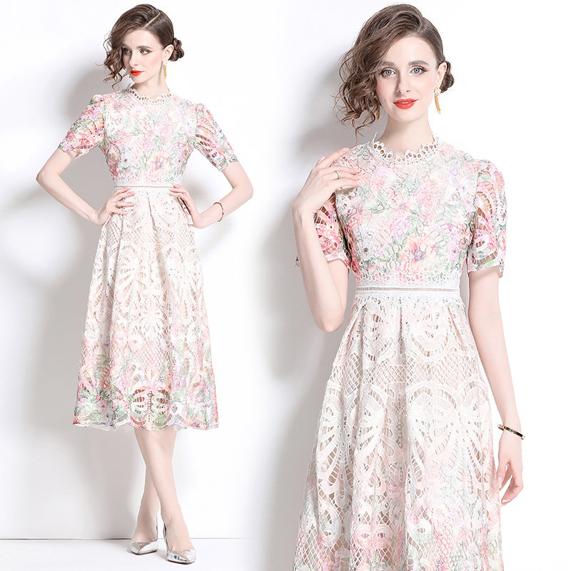 Lace hollow light luxury fashion printing slim long dress