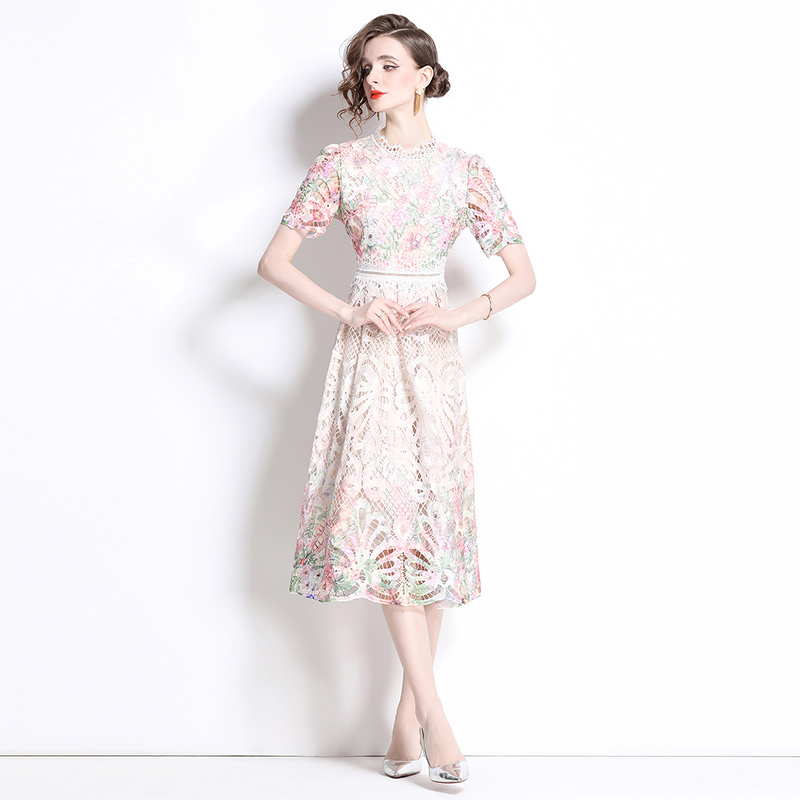 Lace hollow light luxury fashion printing slim long dress