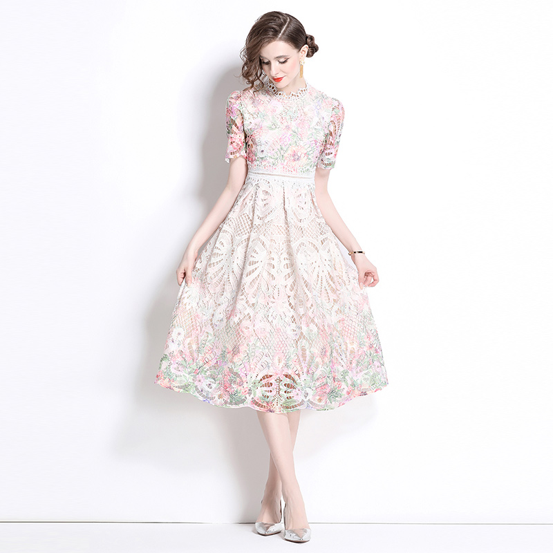 Lace hollow light luxury fashion printing slim long dress