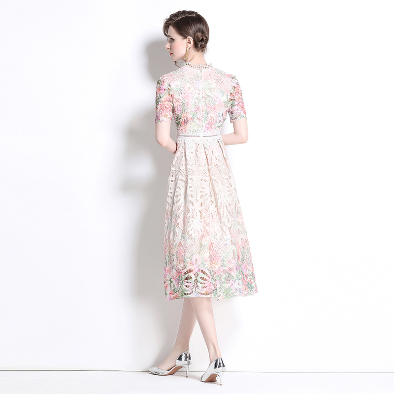 Lace hollow light luxury fashion printing slim long dress