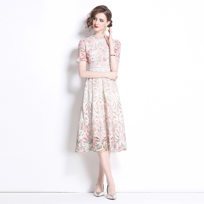 Lace hollow light luxury fashion printing slim long dress